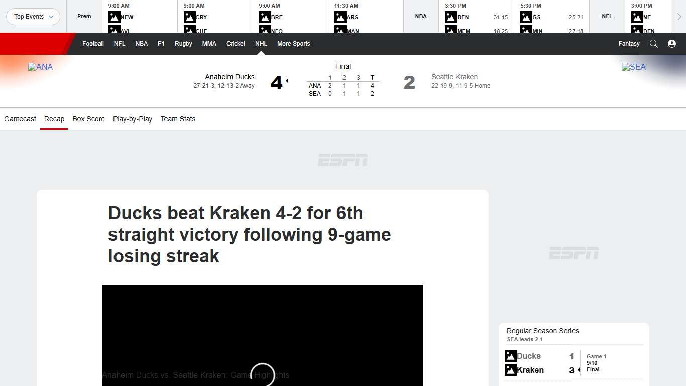 Ducks 4-2 Kraken (24 Jan, 2026) Game Recap - ESPN (UK)