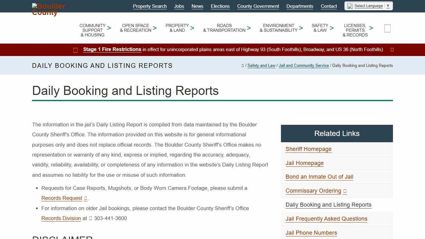 Daily Booking and Listing Reports - Boulder County